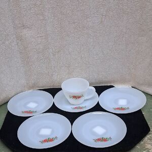 6 Pc Vintage Fire King Anchor Hocking 5 Saucers, 1 Cup With Rose Design.